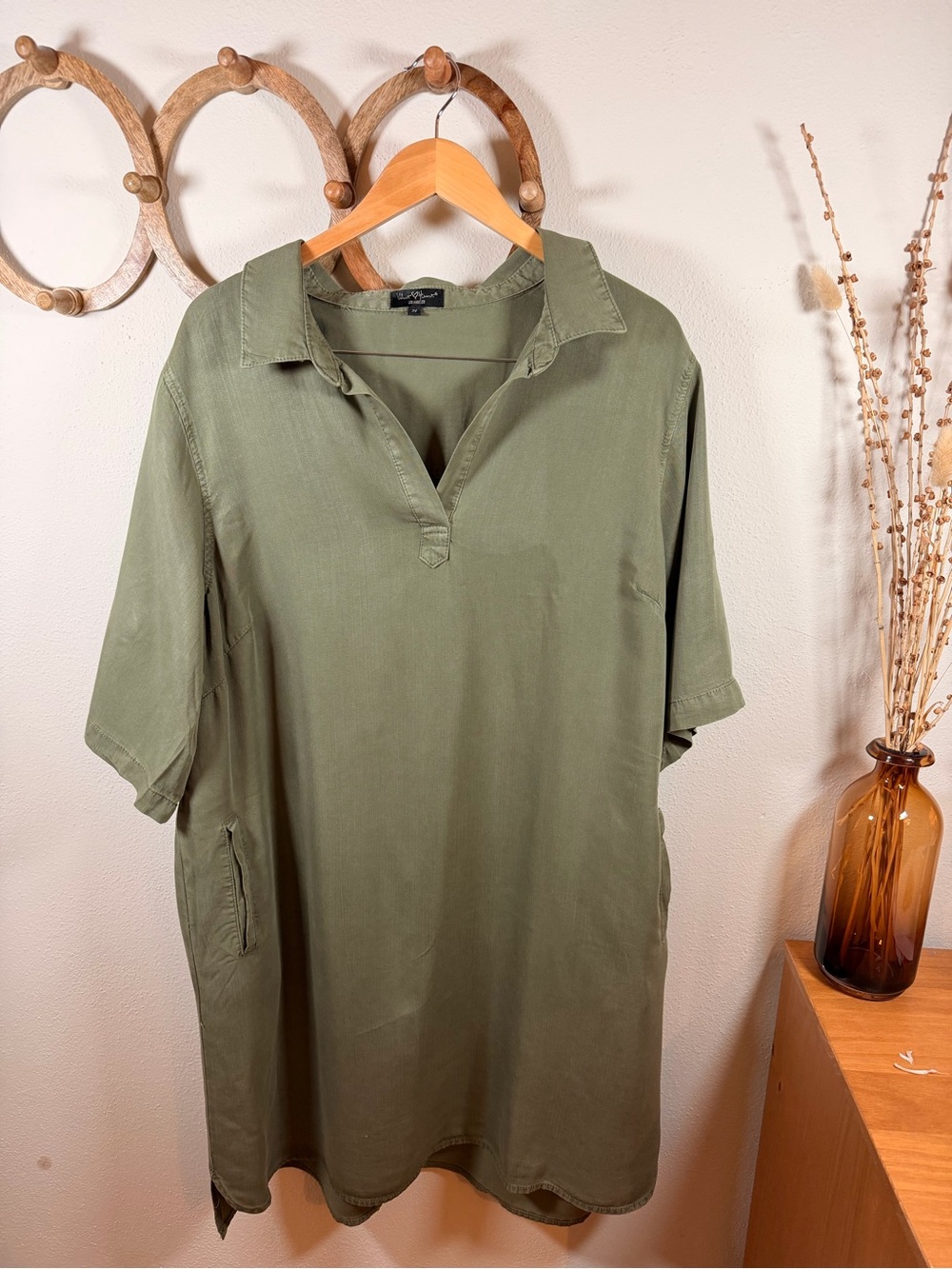 Velvet Heart 2X Olive Tencel Shirt Dress Utility Collared Plus Size